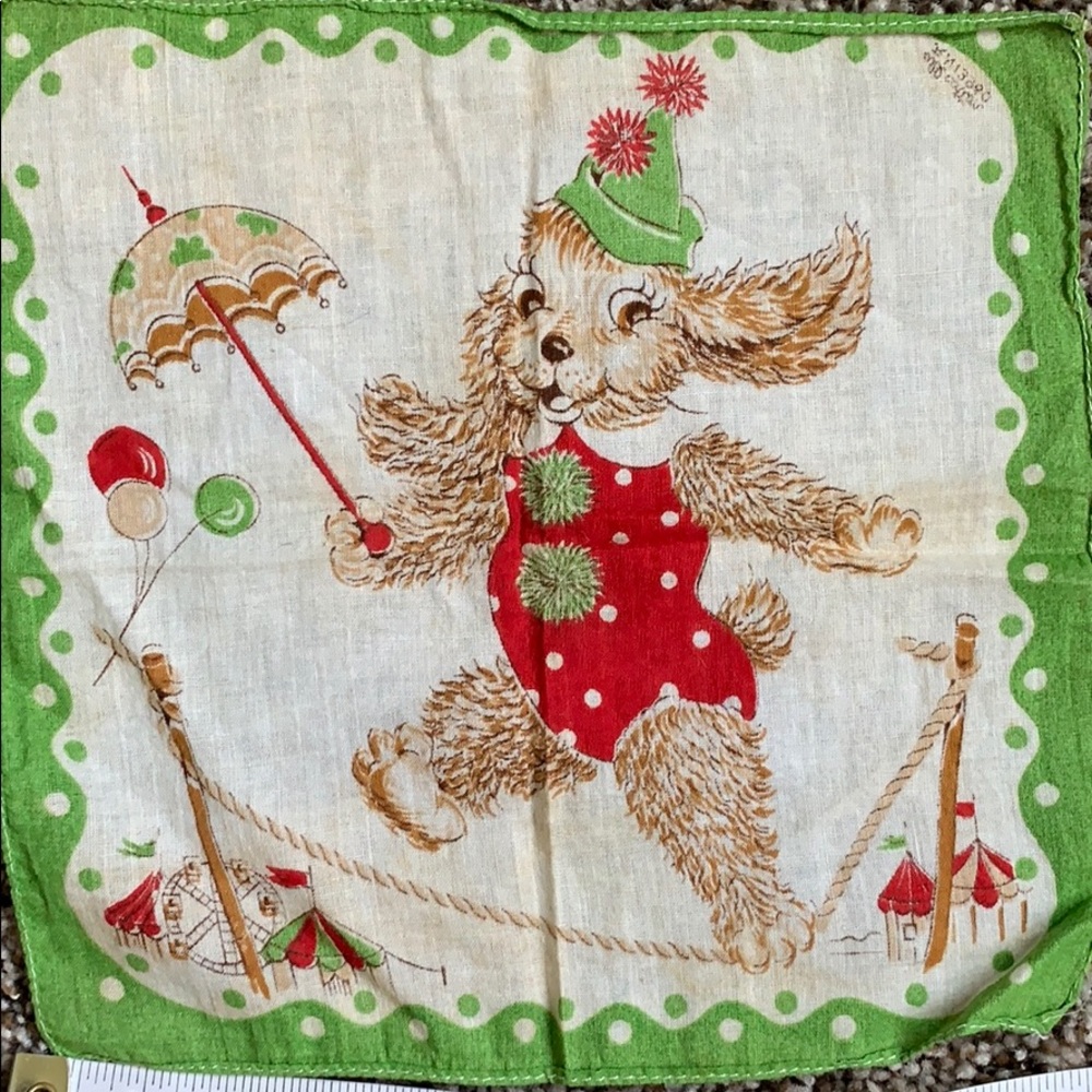 Vintage Puppy Clown Child’s Handkerchief Retro Nursery Dog Hankie 8x8